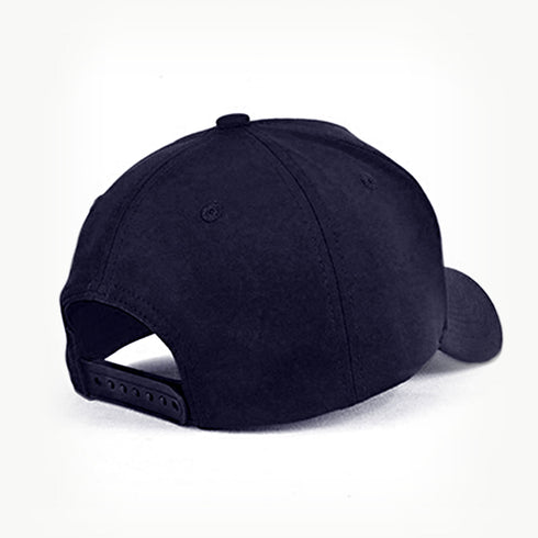 Navy 5 Panel Cap, showing adjustable plastic snap closure at the back